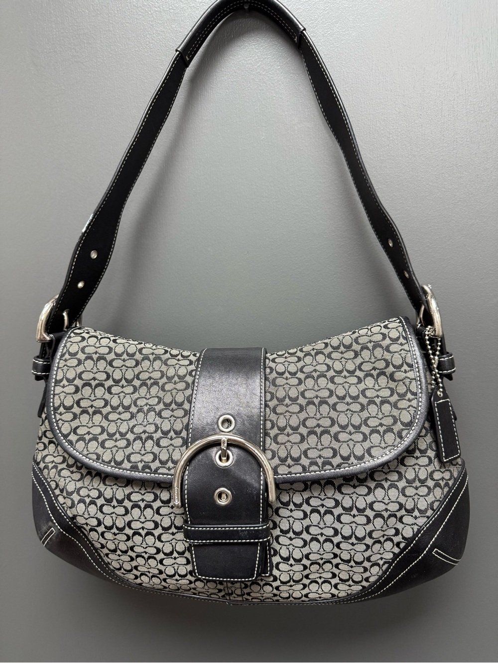 Coach Black and Gray Mini C Signature SoHo Buckle Flap Hobo-EUC